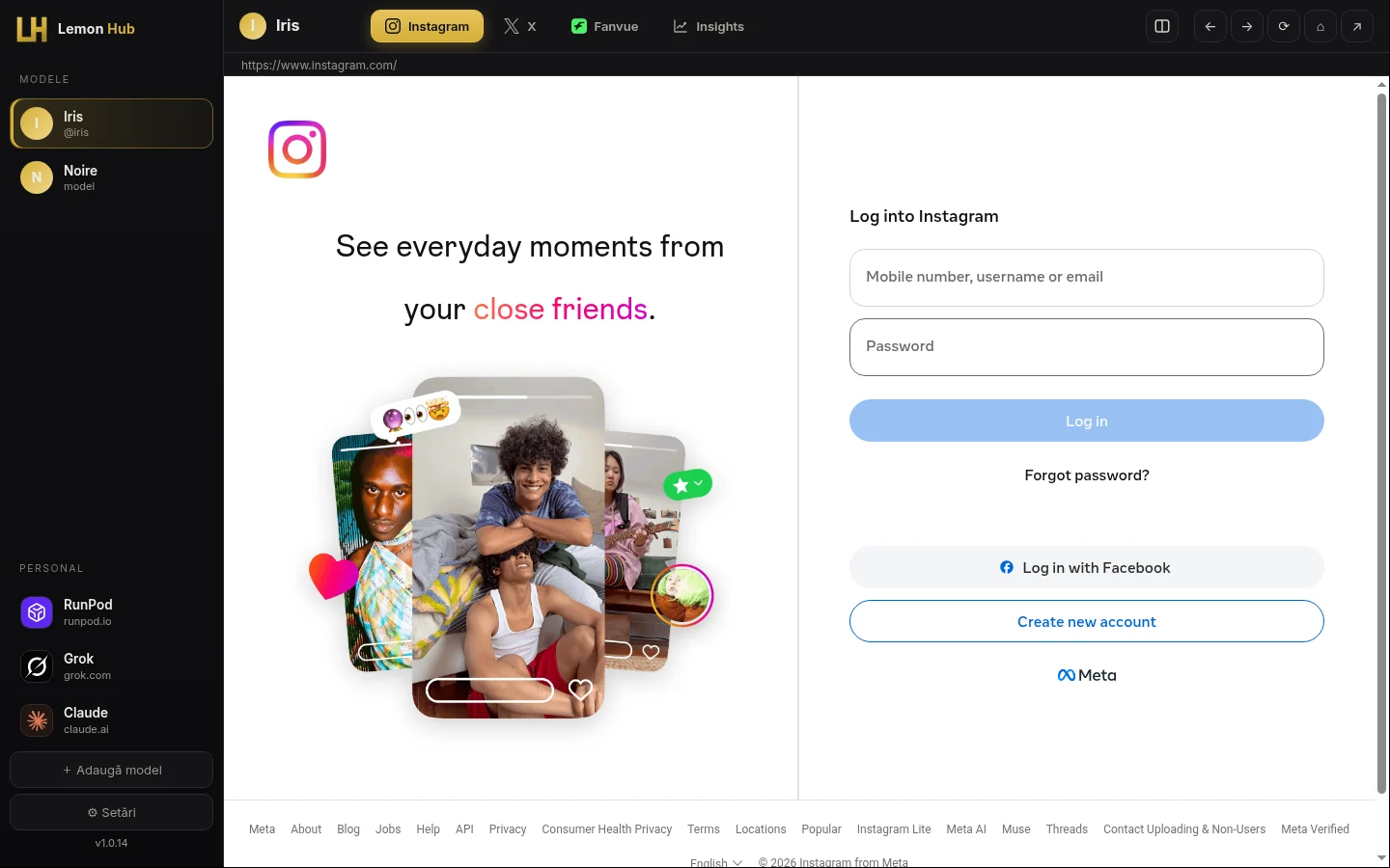 Lemon Hub main window with the model sidebar and an Instagram session