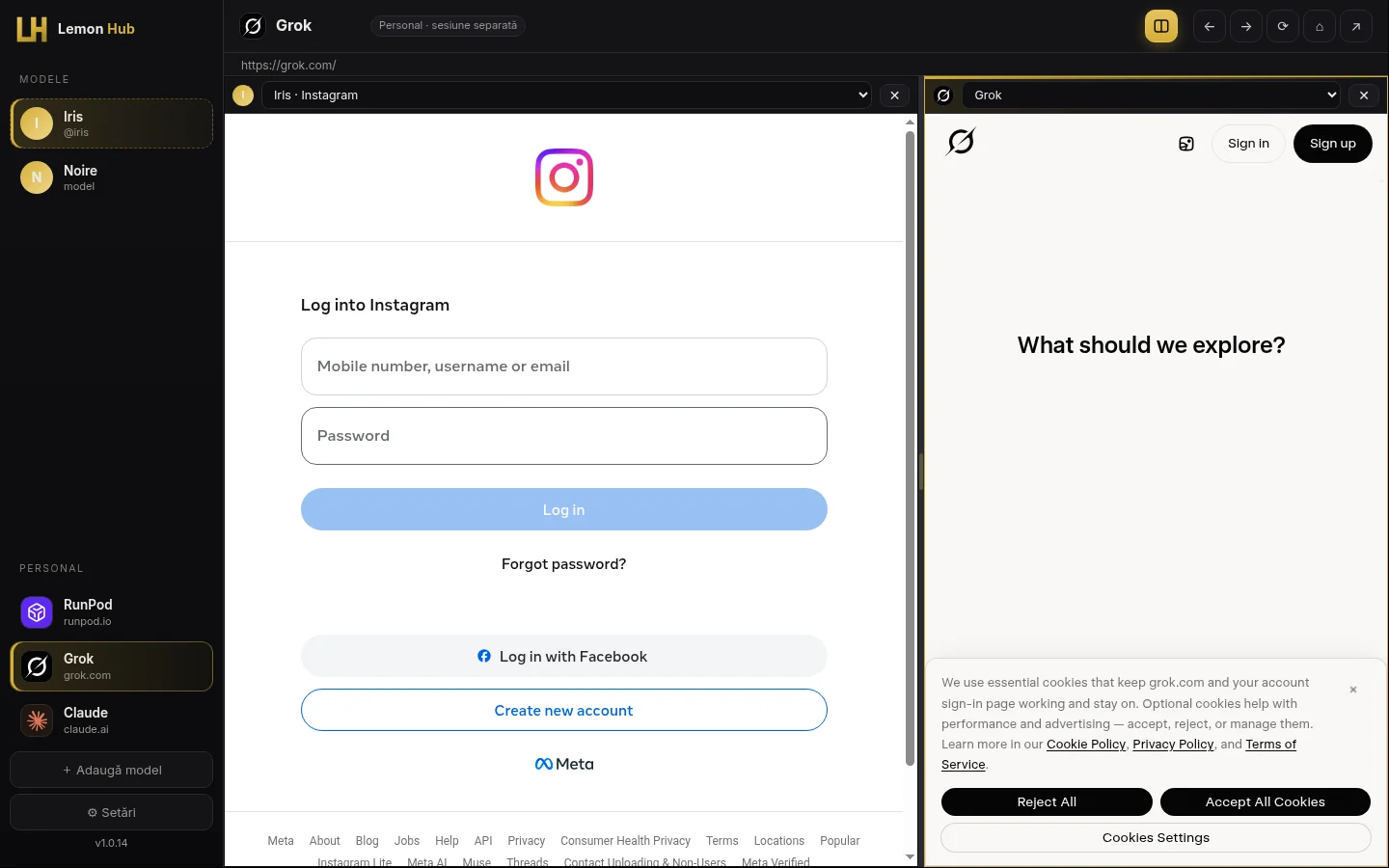 Lemon Hub split screen: Instagram on the left, Grok on the right